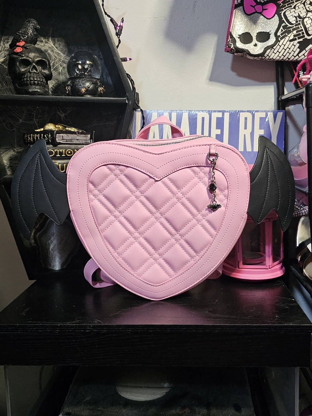 Hot Topic Pink Quilted Heart Backpack with Black Wing Accents